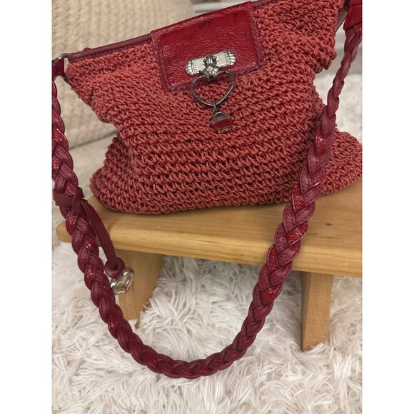 Brighton Vintage Red Straw Handbag With Heart Charm & Leather Braided Strap - Picture 8 of 11